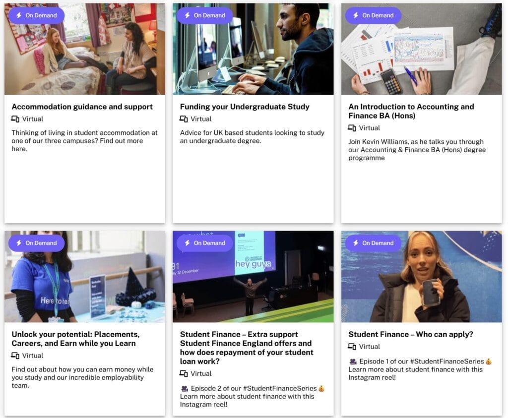 Grid of six 'On Demand' virtual university session cards: accommodation guidance, funding your undergraduate study, introduction to Accounting and Finance BA (Hons), placements and earning while you learn, extra support and loan repayment info, and who can apply for student finance. Supporting campus virtual tour case study for greenwich. 