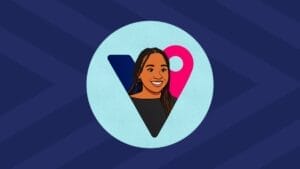 Circular badge with stylised V and pink map pin framing an illustrated smiling woman with braids on a blue background.