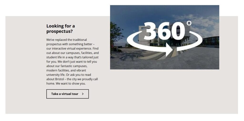 Panel promoting a 360° interactive virtual prospectus with 'Looking for a prospectus?' and a 'Take a virtual tour' button.