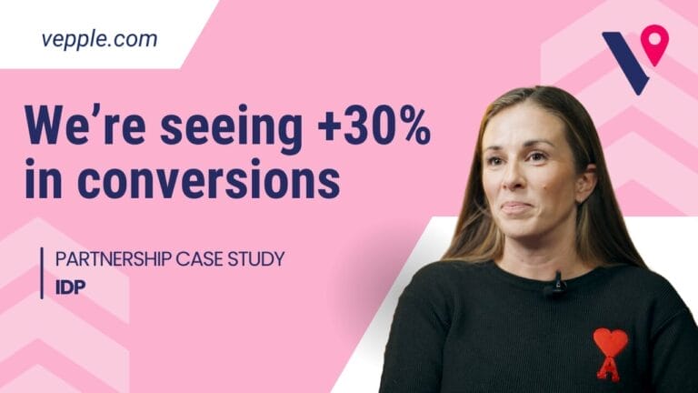 Pink Vepple banner stating +30% conversions, Partnership Case Study with IDP, beside a woman against a chevron background.