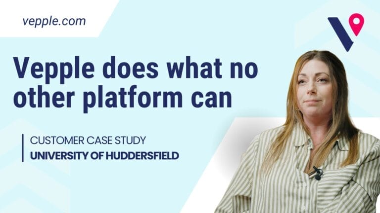 Vepple banner reading does what no other platform can and case study: University of Huddersfield, featuring a person.