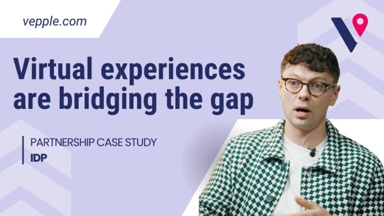 Banner reading ‘Virtual experiences are bridging the gap’ with a person in glasses speaking; partnership case study for IDP.
