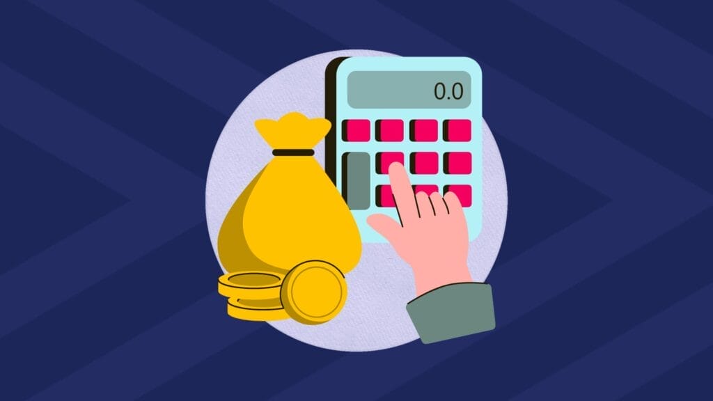 Hand pressing a calculator showing 0.0 beside a money bag and coins, suggesting budgeting or financial calculation.