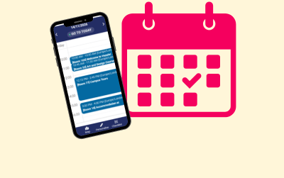 Smartphone showing a daily schedule with time slots beside a pink calendar icon with a ticked date.