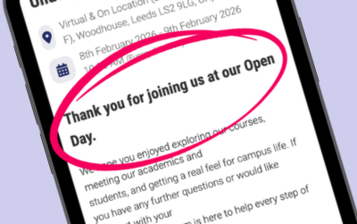 Pink-circled headline on a phone screen reads Thank you for joining us at our Open Day.