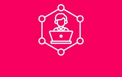 Person using a laptop inside a hexagonal network with nodes on a magenta background.