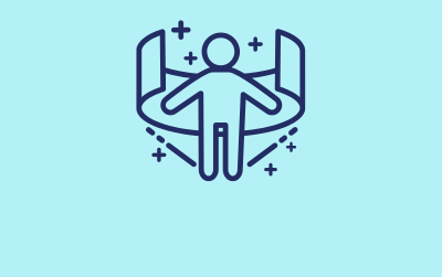 Icon of a person encircled by curved panels with sparkles, suggesting a 360-degree immersive experience.
