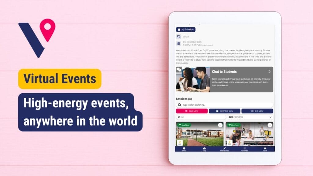 Tablet showing a virtual events platform UI with text: Virtual Events — High-energy events, anywhere in the world.