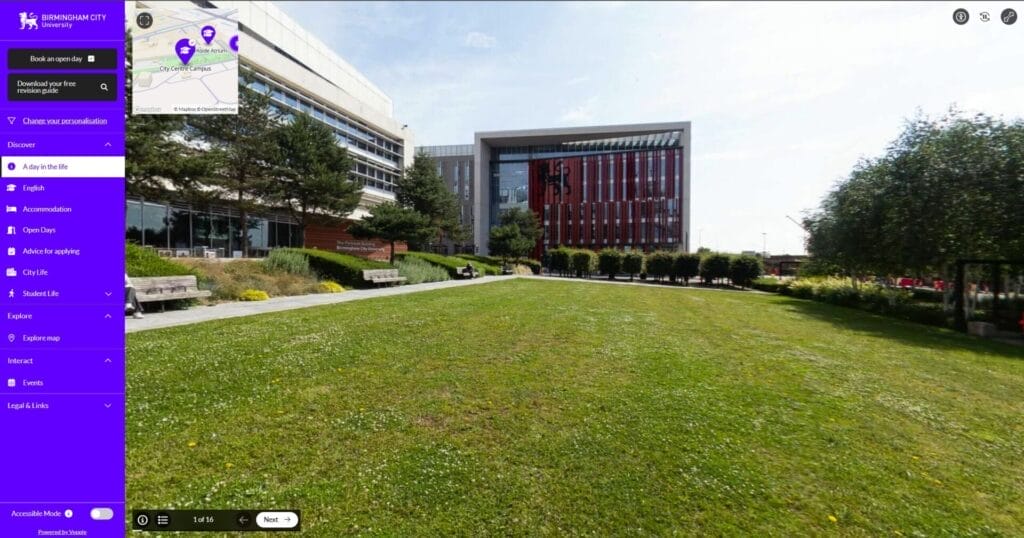 Birmingham City University virtual tour showing a sunny campus lawn and modern buildings, including a red-panelled facade.
