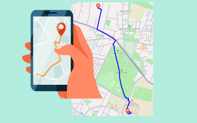 Hand holding a smartphone with a navigation map and pin, overlaid on a city map with a blue route and transport icons.