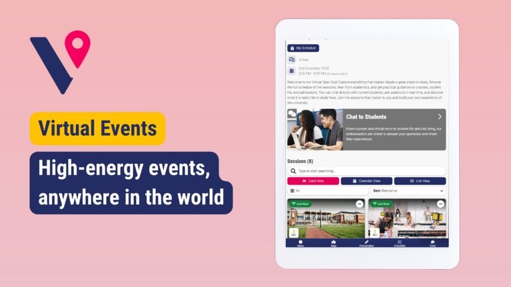Virtual Events promo: high-energy events worldwide, next to a tablet showing an event platform interface.
