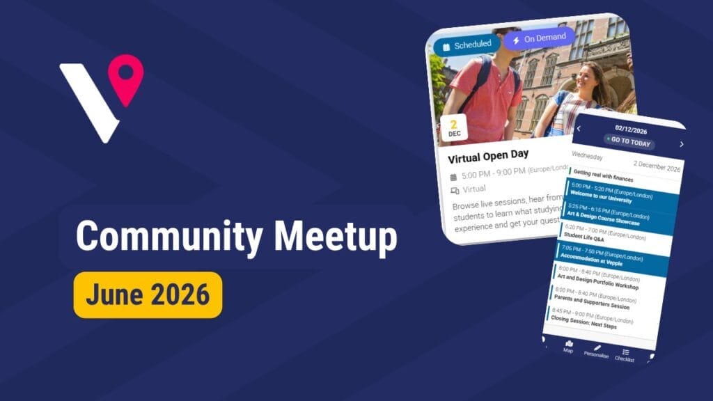 Community Meetup June 2026 banner with logo, map pin, and event app UI previews on a dark blue background.