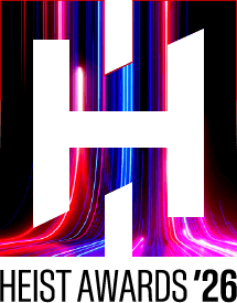Large white H logo over neon red and blue light trails, with the text HEIST AWARDS ’26.